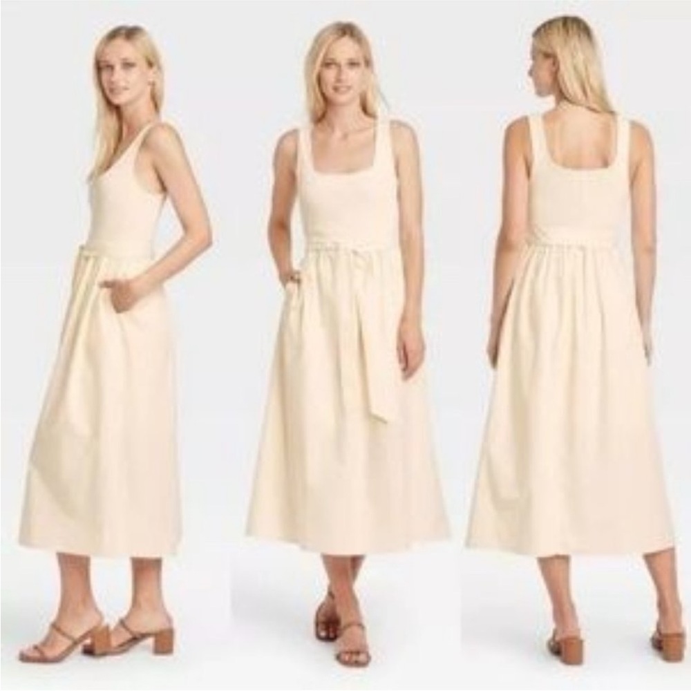 Who What Wear cream mixed media tank belted midi dress size large